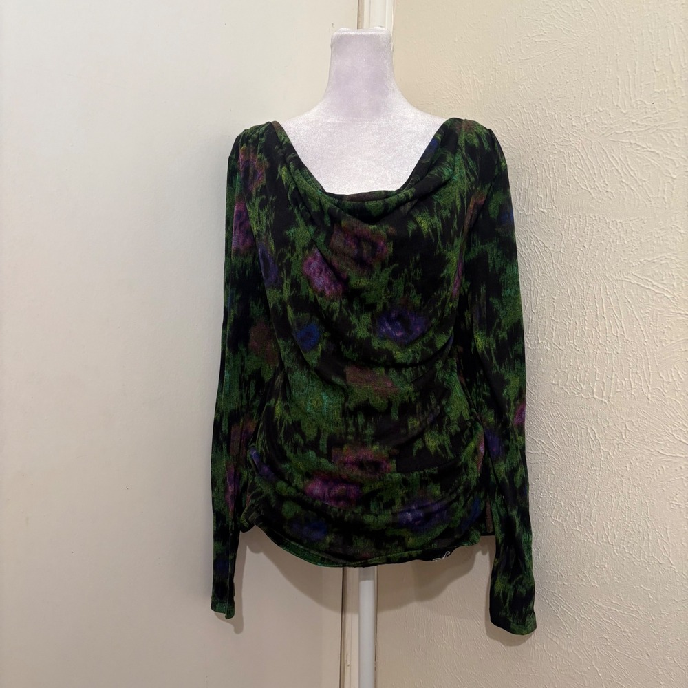 Dark Green Purple Abstract Floral Cowl Neck Draped Top Whimsigoth Fairy 2X
